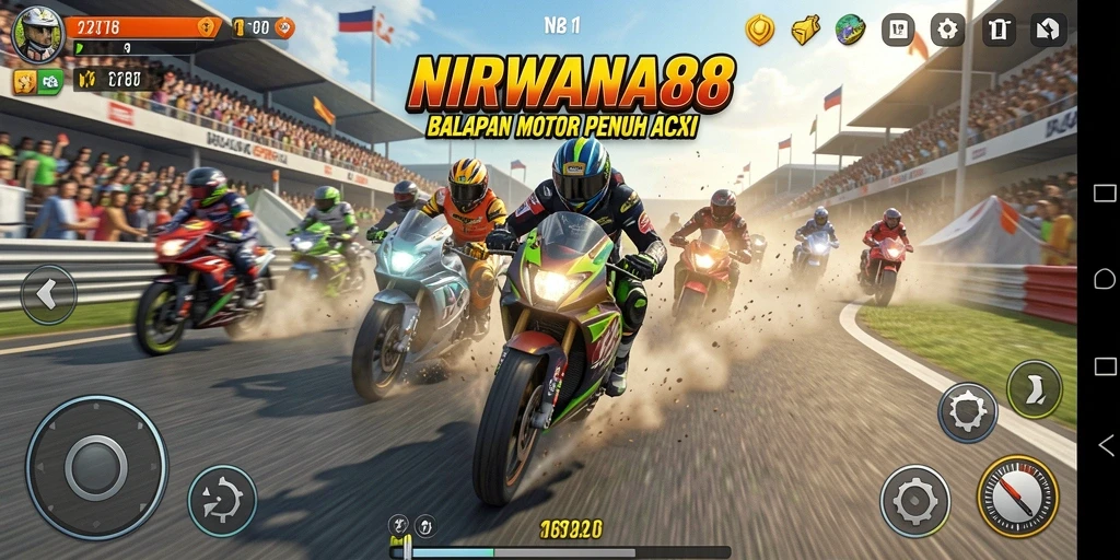 Gameplay NIRWANA88 dengan motor balap yang cepat dan trek menantang.